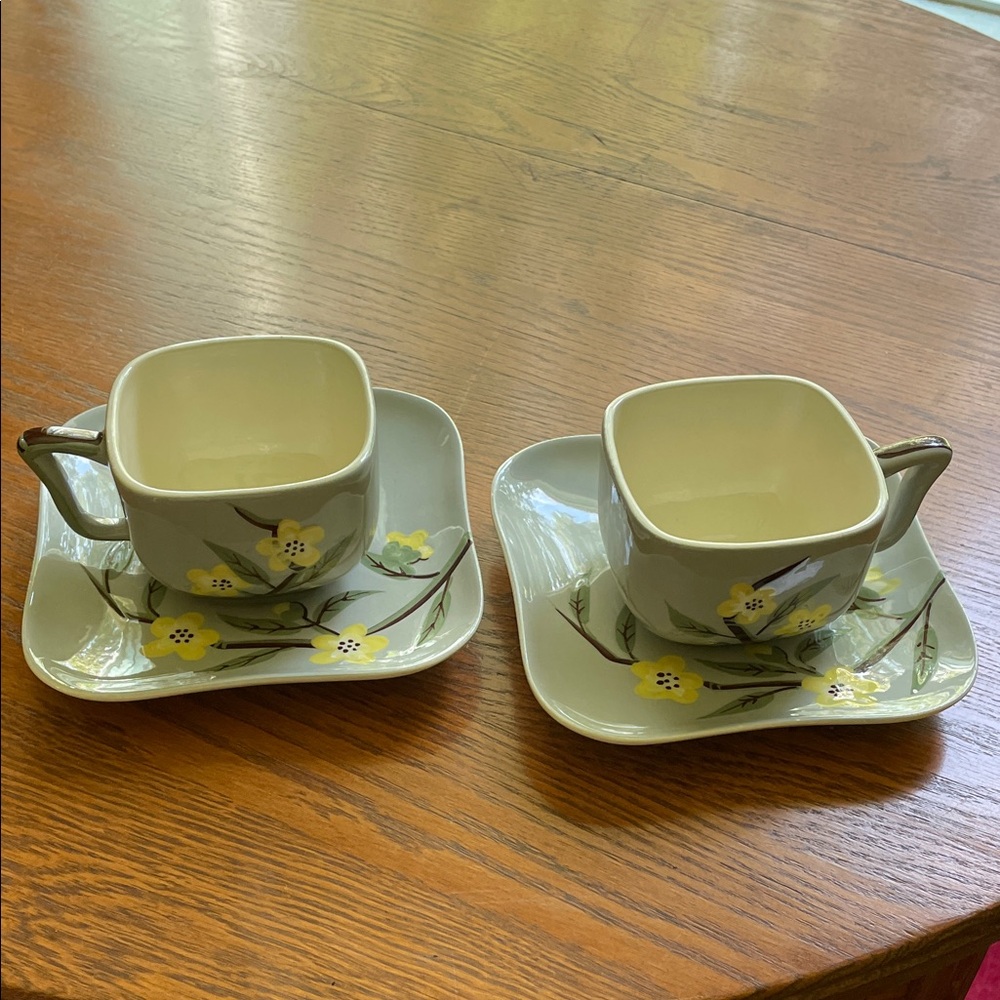Floral Square Cup and Saucer Set - Gray and Yellow